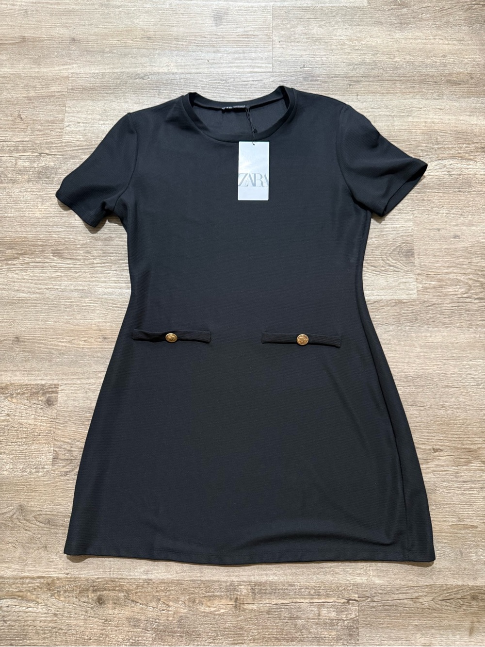 Zara Black Short Sleeve Mini Dress with Gold Buttons
